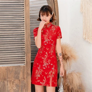 Čínske svadobné šaty Tang vyhovovali cheongsam šaty lepšiu retro krátke ženské šaty tlač drak vzor vestidos orientales