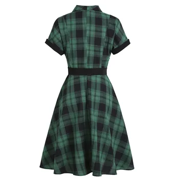 Zelená Klasické Anglicko Štýl Červenom Kockované Šaty 50. rokov 60. rokoch Retro Vintage Zase dole Golier Pás pre Ženy-Line Bežné Midi Party Šaty