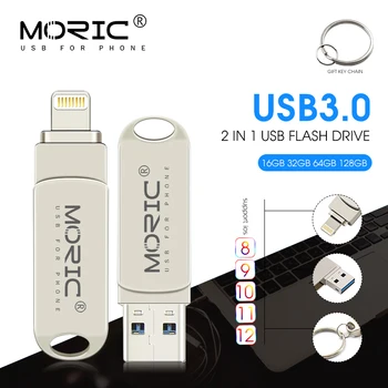 Najnovšie 2 v 1 Moric USB Stick memoria cel usb pre ios USB Flash Disk Pen Drive 64 gb 16 32 128 256 GB USB 3.0 OTG pre iPhone