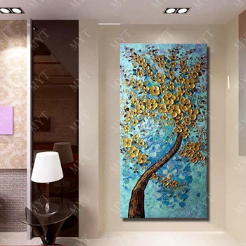 Doprava zadarmo Ručne Maľované Abstraktné Zlatý Kvet, Strom, olejomaľba Domáce Dekorácie Moderné Plátna obrazov na Stenu nie Zarámované