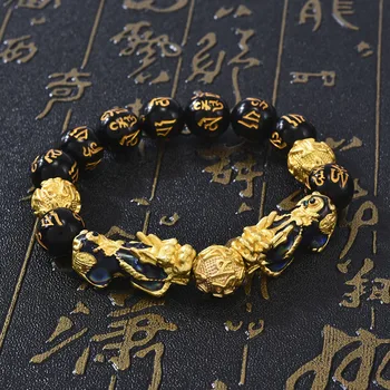 Unisex Feng Shui Čierna Obsidián Korálky Bohatstvo Mužov Náramok Šťastia Šperky