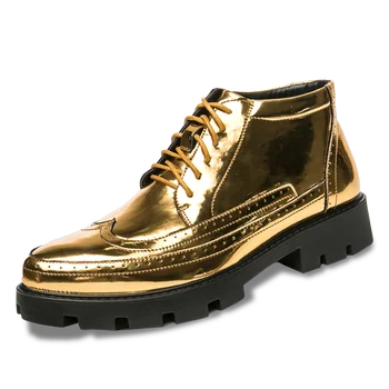 Nový high-top pánske topánky, pointy pánske topánky, lakovaná koža lesk, zlatá obuv, pánske členkové topánky, kožené topánky, platforma sho
