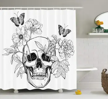 Deň Mŕtvych Sprchový Záves Lebky Kvet, Kvety a Motýle Vintage Gotický Tkaniny Tlače Kúpeľňa Nastaviť Čierna a Biela