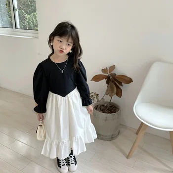 Dievčenské Šaty Bavlna Dieťa Dlhý Rukáv Oblečenie 2020 Jeseň Nový Detí kórejský Štýl, Čierne a Biele Dievča Princezná Dlhé Šaty