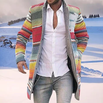 2020 Muži Jeseň Zima Zákopy Srsti Otvoriť Predné Rainbow Pruhy Dlhý Rukáv Bežné Kabát Vintage Plus Veľkosti 4XL Windbreaker PEKNÉ