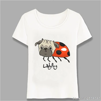 Módne Leto Ženy t-shirt Roztomilé Lady Pug Tlačiť T-Shirt Zábavné Lienka Dizajn Roztomilej Príležitostné Dievča Topy Lumbálna Žena Tees Harajuku