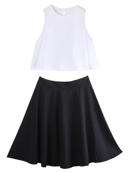 2018 Nové Sexy Vintage Ženy Biela plodín top a čierne Mini Sukne ženy lady oblečenie set party oblečenie set sa