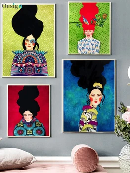 Abstrakt Dievča Vlasy Kvet, Vták Wall Art Plátno Na Maľovanie Nordic Plagáty A Vytlačí Historických Obrazov Na Stenu Pre Obývacia Izba Dekor
