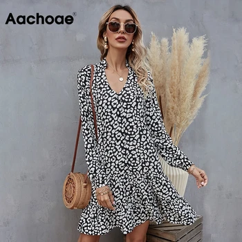 Aachoae Leopard Tlač Mini Šaty Jeseň Leto V Krku Voľné Pláže Skladaný Šaty s Dlhým Rukávom Sundress Vestito Da Donna S-XL