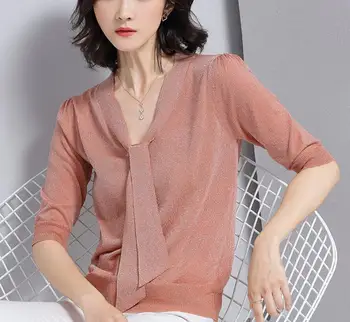 Ženy Zrastov tričko Romantický Luk tvaru Krátky Rukáv dámske Top High-elastické Wild tričko Krátky odsek jar žena Elegantné tričko