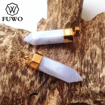 FUWO Prírodné Modré Agates Bod Prívesok 24K Gold elektrolyticky pokrývajú Vysokej Kvality Spike Tvar Surové Quartz Stick Šperky Veľkoobchod PD121