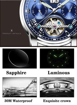 KARNEVAL Luxusné Kvalitné Tourbillon mechanické Hodinky pánske Business Šaty Náramkové hodinky pre Človeka Ocele Hodiny Nepremokavé Muž