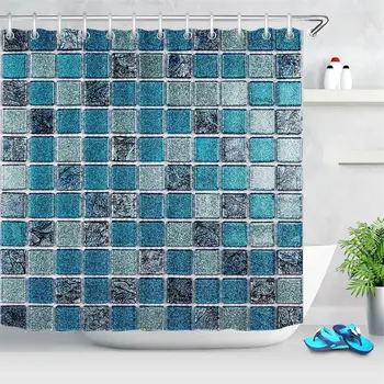 Mozaika Sprchový Záves Modrý Štvorec Geometrické Nepremokavé Kúpeľňa Záclony Svadobné Polyester Umývateľný Domova