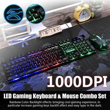 1000DPI, USB Káblové Rainbow Podsvietenie Klávesnice, Myši Nastaviť Mechanické pre PC, Notebook Ploche Herné Štýlový Ergonomický Combo