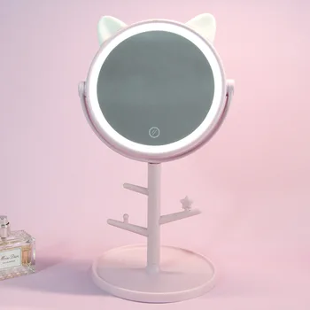 1Pcs make-up LED Zrkadlo Tabuľka Desktop Pultu Base Použiť pre Kúpeľňa Cestovné Obyčajný Ružová Mačky ušné Zrkadlo S LED USB Kábel
