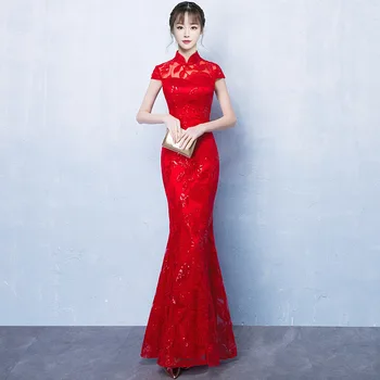 Červená Nevesta Cheongsam Orientálne Ženy, Svadobné Qipao Čínsky Štýl, Elegantné Dlhé Šaty Luxusný Župan Party Šaty Vestido S-4XL