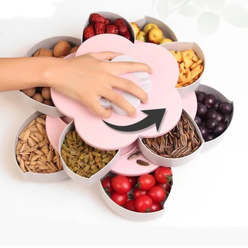 2-vrstvový Rotujúce Petal Candy Okno Plastové Denný Zásobník Prípade Matica Úložný Box Otáčania Sušené Ovocie Doska Svadobný Dar Domov Organizátor