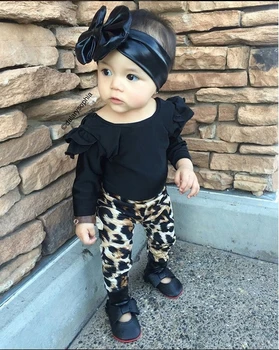 2020 Dojčenská Móda Oblečenie Baby Dievča Oblečenie, Dlhé rukávy Čierne tričko+Leopard Nohavice 2 Ks Novorodenca Batole Detské Oblečenie Set
