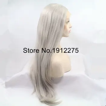 Sylvia Popola Platinum Blonde Prírodné Rovno Syntetické Parochne Čipky Front Stredná Časť Dlhých Tepelne Odolných Vlákien Vlasy Pol Ručne Viazané