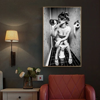 Moderné Umenie Sexy Dievča Sedí Na Wc Plátno Plagáty, Obrazy a vzory, Čierne Biele Plátno, Vytlačí na Stenu Umenie Fotografie pre Domáce