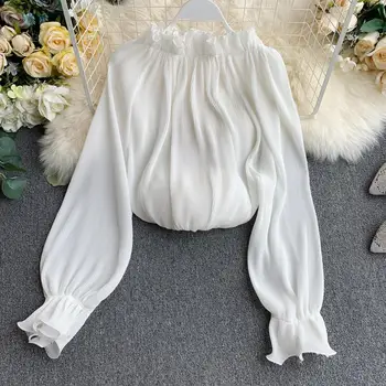 2019 nové módne dámske blúzky, košele, ženské skladaný dlhý rukáv rozstrapatené top šifón tričko tide