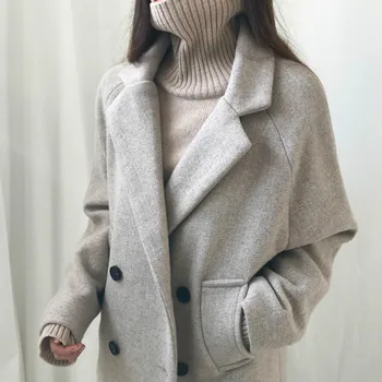 Minimalistický Zima Dlhá Bunda Ženy Coats Kórejský Voľný Čas Nadrozmerná Vlnené Kabát Veľkosť Koleno Dĺžke Dámske Kabáty Čierna Sivá