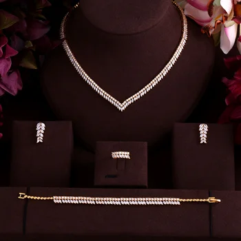 Luxusné gold-farba real micro pave nastavenie AAA cubic zirconia listy tvarované 4pcs dubaj šperky nastaviť na večeru