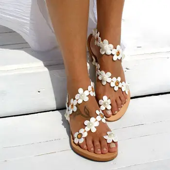Loozykit White Pearl Kvety v Lete New Roman slip-on Ploché Kvetinové Sady Ženy Sandále Veľkosť 40-44 Sandále Ženy Dropshipping