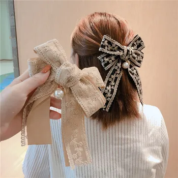 Kórejský Textílie Veľký Luk Jar Klip Lady Čipky, Výšivky Vlasy Klip Spona Do Vlasov Dovolenku Dary Ženám Vlasy Kolíky Svadobné Doplnky Do Vlasov