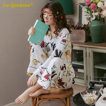 Nové Kórejské Ženy Jar V Krku Čínsky Pyžamo Nastaviť Homesuit Homeclothes Sleepwear Pjs Ženy Lenivosť Tlač Pj Nastavenie Ležérny Štýl
