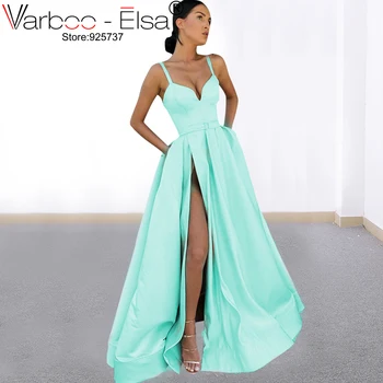 VARBOO_ELSA Sexy svetlo modrá Večerné Šaty 2019 V Krku Satin Večerné Šaty Dlhé Formálne Večerné Šaty Žien Jednoduché Prom Šaty