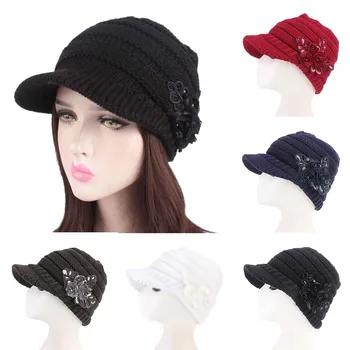 Kórejská verzia dámy zimné klobúk okraj Sequin Sequin Kvet Twist Pletenie Okraj Klobúka Zime Teplé Ženy Vonkajšie Neforemné Beret Spp