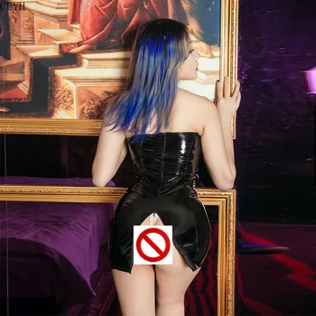 Ženy bez Ramienok Backless Modrá PU Kožené Šaty na Zips Sexy Split Mini Šaty Bodycon Nočný Klub Party Šaty