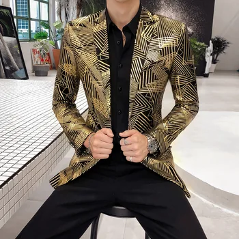 YUSHU kórejský Mužské Sako Elegantné Svadobné Party Štýlový Blejzre Slim Fit Mens Blazer Zlaté Bunda Mužov Plus Veľkosť 5XL