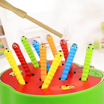 Nové Ovocie Tvar Deti Drevené Chytiť Hry Worms s Magnetickým Stick Montessori Vzdelávacích Tvor Bloky Interaktívne Hračky