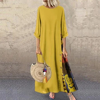 Vintage Pacthwork Šaty Žien Maxi Sundress 2020 Bežné 3/4 Rukávom Letné Vestidos Žena O Krk Kvetinové Šaty Šaty Plus Veľkosť