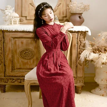 2019 nové módne oblečenie pre ženy Vintage červená jeseň dlhý rukáv šaty ženy šaty