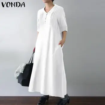 Ženy Šaty Jeseň Bavlnená posteľná Bielizeň Šaty Bežné Dlho Maxi Šaty Vintage VONDA Voľné Tuhé Tlačidlo Šaty Plus Veľkosť Vestidos 7