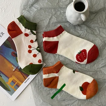 10Pcs=5 Párov/Pack kórejský Štýl Ovocie Roztomilý Loď Ponožky Ženy Japonské Kreslené Orange Cherry Paradajok Hruška Low-Cut Bavlnené Ponožky