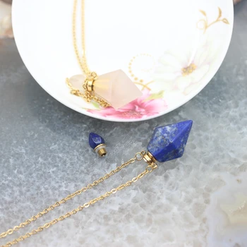 Prírodné hranolové tvar lapis lazuli Drahokamy Parfum Fľašu zlaté Retiazky,Tvárou kryštál Kremeňa Náhrdelník zobrazili kľúčové tlačidlá, takže šperky Bulk