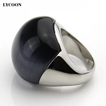LYCOON Módne spokojní veľké prírodné Mačacie oči kameň kolo loptu Krúžky 316L Nerezovej ocele Sivá opal kamenný kruh pre ženy