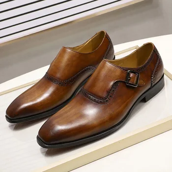 Kvalitné Luxusné Pánske Šaty Topánky Hnedé Originálne Kožené Pracky Mních Popruh Business Formálne Oxford Topánky pánske Mokasíny Ručné