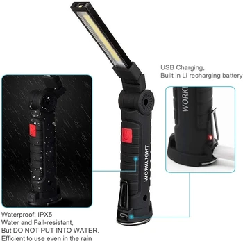 Multi Funkcia COB LED Wrok Svetlo USB Nabíjateľné Tábor Lampa S vstavanú Batériu, Skladanie Baterka Magnetické Základne Háčik Opravy
