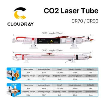 Cloudray 60W 90W CO2 Laserové Trubice, Dĺžka 1250mm Dia.55mm 80mm Inovované Kovové Hlavu Sklenené Potrubie pre CO2 Laserové Stroj