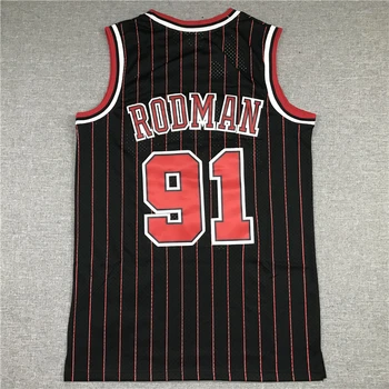 NBA pánske 95-96 Chicago Bulls #91 Rodman Black Red Stripe Basketbalové Dresy Mužov Športové Dresy