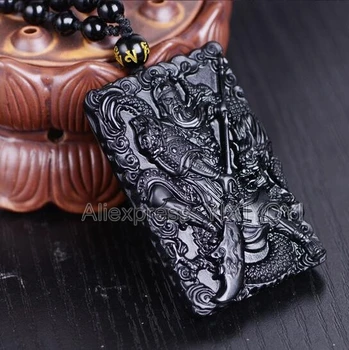 Krásne Handwork Prírodné Čierna Obsidián Vyrezávané Čínsky Drak Meč GuanGong Šťastie Prívesok + Perličky Náhrdelník Darček Šperky