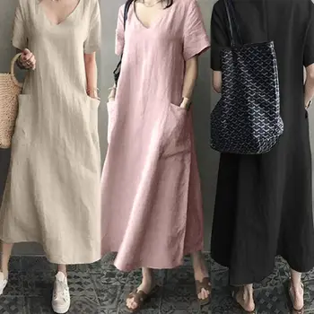 Plus Veľkosť Ženy Tričko Šaty Vintage Bežné Bavlnené Obliečky Midi Šaty Kaftan 2020 Lete Sundress Tunika Vestidos V Krku Župan Femme