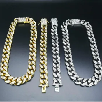 2cm Hip Hop Mužov Zlato Strieborná Farba Crystal Miami Kubánskeho Náhrdelník Luxusné Mužov Watch & amp Náhrdelník & amp Náramok Kombinovaný Set Pre Mužov