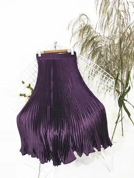 Zložiť sukne zvrásnený ŽIEN DLHÁ sukňa GITL slovo dlhé ženské orgán plait sukne satin farbe kovu obnovenie dávnych spôsoby