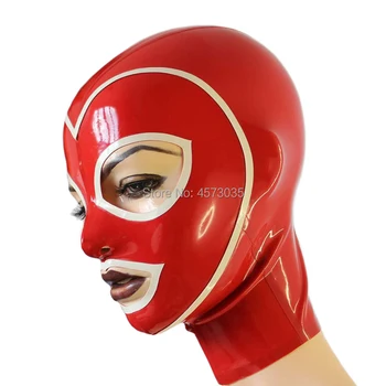 Sexy exotické bielizeň ženy ženy muži male unisex ručné červené latexové pozdĺžne bielou obrubou otvoriť odsávače maska kapota cekc jednotné zenta